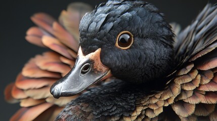 53.A close-up shot of a domestic Call Duck, with its detailed facial features and glossy feathers, showing off the breed's distinct characteristics.
