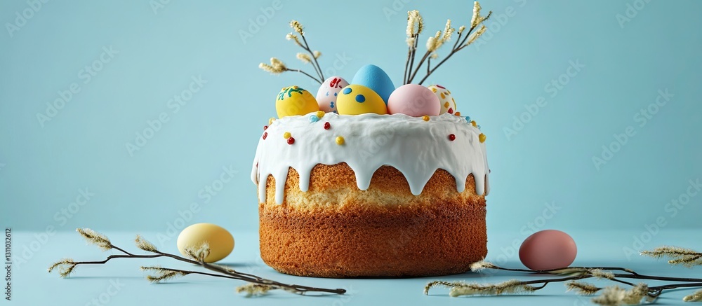 Poster easter-themed cake adorned with colorful eggs and delicate branches on a soft blue background. light