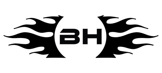 Naklejka premium Futuristic abstract Logo with Fiery Flame Motif and Geometric 'BH' Emblem, Black and White Artwork