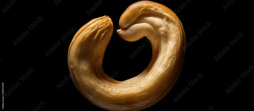 Aufkleber Top view of a shiny cashew nut in golden brown color centered on a black background with ample negative space for text or graphics
