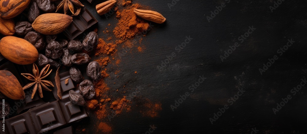 Poster Cacao beans, cocoa powder, and chocolate bar arranged artistically on a dark background with ample copy space for text overlay.