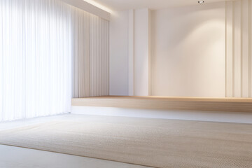 Bright and minimalistic interior space with wooden stage and sheer curtains