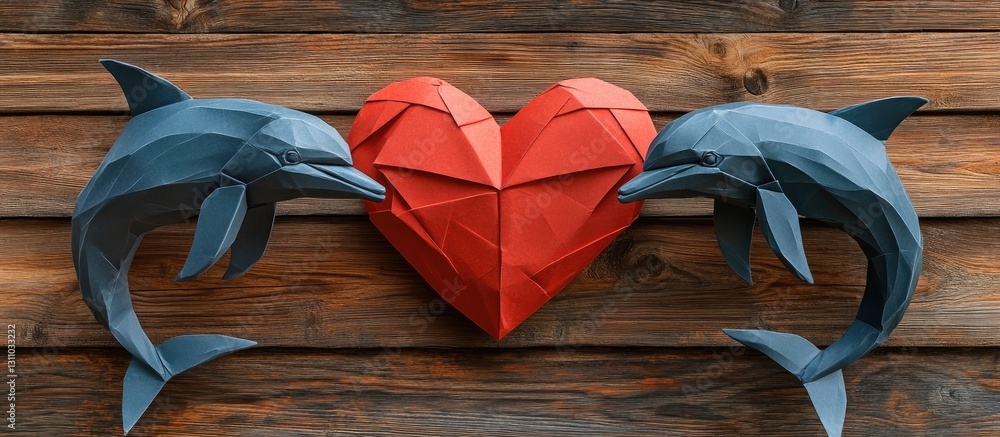 Poster two folded origami dolphins in blue encircle a vibrant red heart on a rustic wooden surface creating