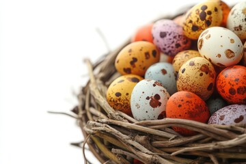 Obraz premium A close-up of a rustic Easter basket overflowing with bright, multicolored eggs, soft lighting, high-resolution texture, crisp white backdrop