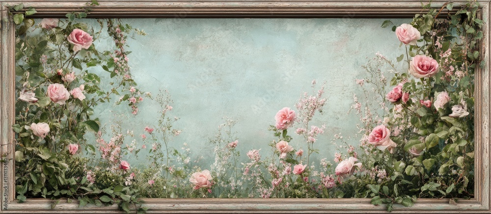 Poster delicate pastel pink roses with green foliage create a lush border against a soft blue background in