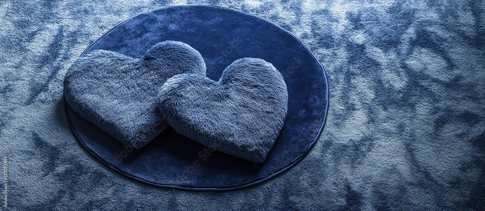Aufkleber Two soft heart-shaped blankets in grey are positioned symmetrically on a circular deep blue rug with a textured surface in a calm setting.
