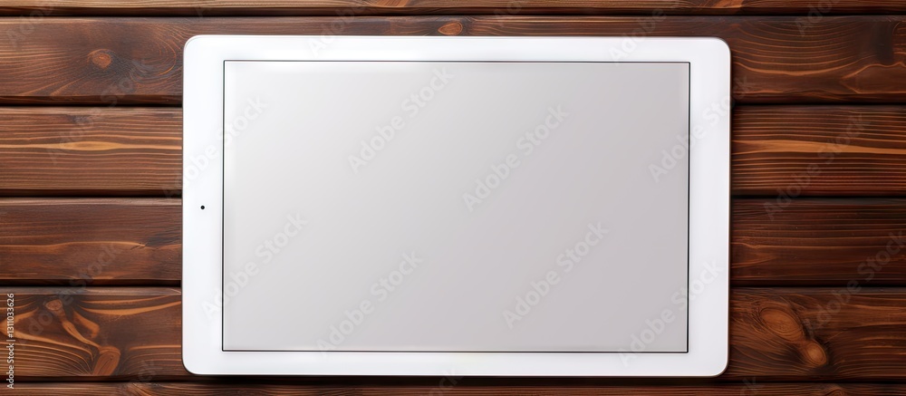 Poster White tablet computer with blank screen centered on dark wooden table, providing ample copy space, highlighting smooth edges and sleek design.