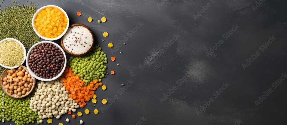 Poster assorted legumes and grains in bowls scattered on a dark gray background with vibrant colors of brow