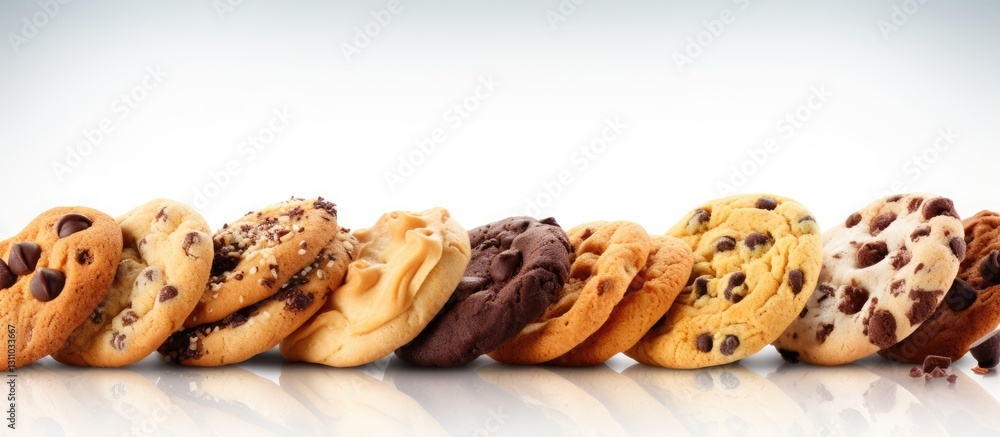 Aufkleber Variety of delicious cookies arranged in a line with chocolate chips and nuts against a light gradient background showcasing appetizing textures and colors