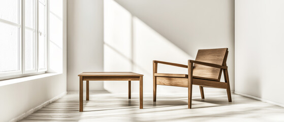 Fototapeta premium Contemporary wooden furniture in a well-lit minimalist living space