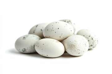 A close-up of a small pile of fresh free-range eggs, crisp white background, ultra-sharp details and soft natural shadows