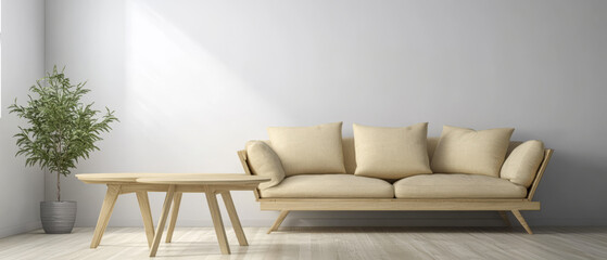 Modern minimalist living room with natural light and plant