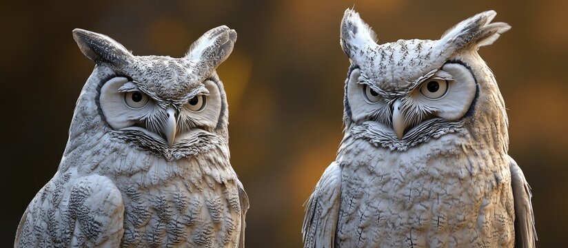 Diverse owl species showcasing a Great Horned Owl and a Eurasian Eagle Owl with sharp features in gray tones against a blurred warm background.