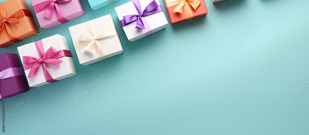 Poster Top view of white gift boxes with various colored ribbons on a turquoise background with ample copy space on the right side for text placement