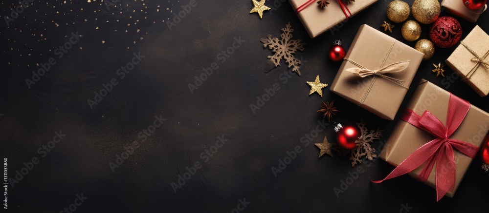 Poster elegant arrangement of wrapped gift boxes in gold and red on a dark background adorned with festive 
