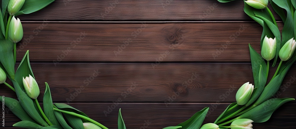 Poster fresh green tulip leaves with white flowers artfully arranged in a circular frame on a dark wooden t