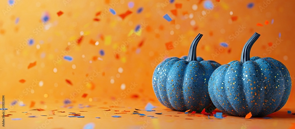 Poster blue pumpkins on orange background with colorful confetti scattered on the ground, creating a festiv