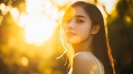 Fototapeta premium Natural and elegant: The soft glow of the setting sun shines on the model, adding a golden glow to her image