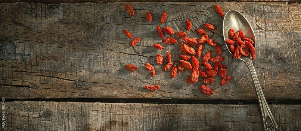 Poster Wooden table with dried goji berries scattered around a silver spoon positioned left with ample copy space on the right for text or graphics