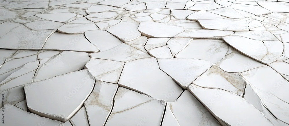 Poster fragmented white tile floor texture showcasing unique shapes and patterns with subtle veins and vary