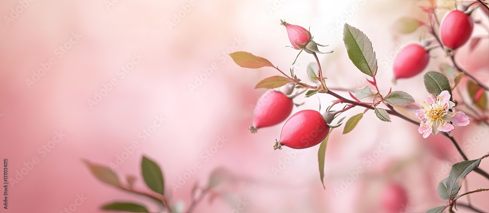 Poster pink rosehip fruits and delicate flower buds are artistically arranged against a soft pink backgroun