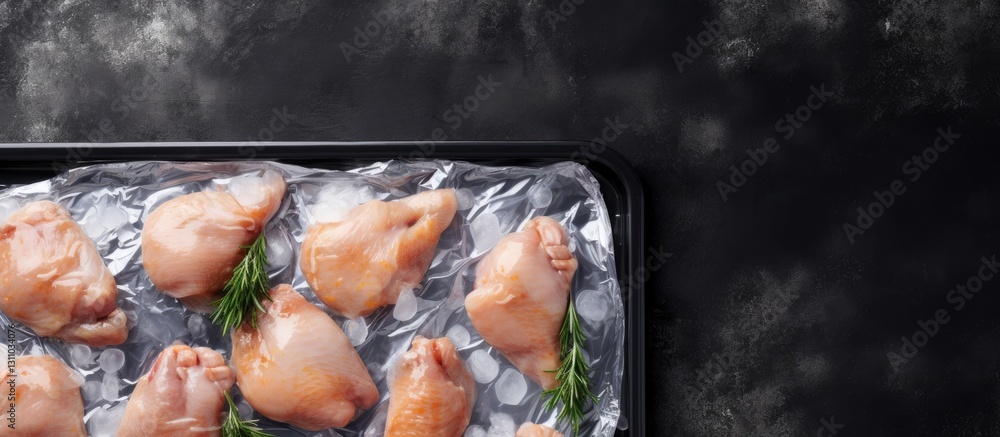 Leinwandbilder vacuum packed poultry pieces arranged on a black stone table with gray surface, featuring fresh herb