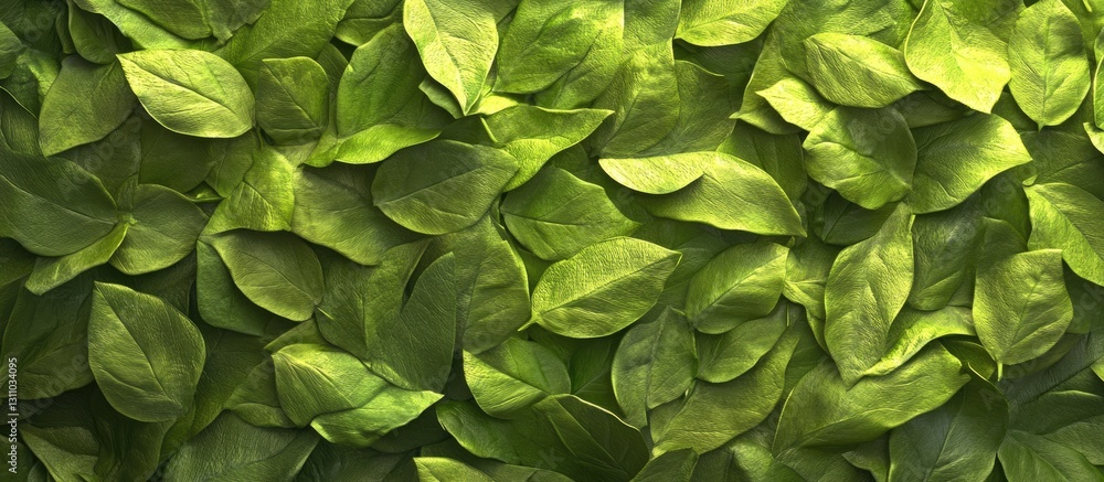 Poster lush green leaves background with varying shades of vibrant green, densely packed in a horizontal la