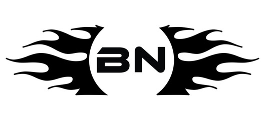 Futuristic abstract Logo with Fiery Flame Motif and Geometric 'BN' Emblem, Black and White Artwork