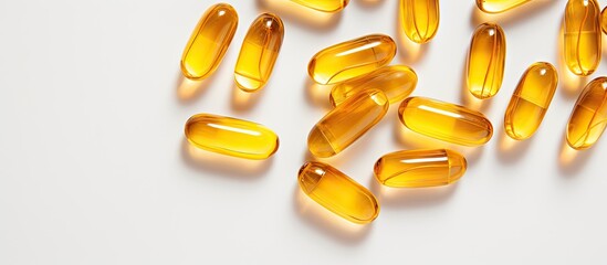 Transparent yellow capsules and light brown pills scattered on a white background with ample copy space for text, creating a clean, minimalist look.