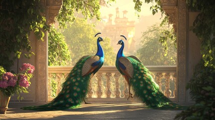 70.An enchanting shot of two peacocks side by side, their wings outstretched wide, displaying their beautiful, colorful plumage against a serene outdoor setting, ideal for a nature-inspired design.