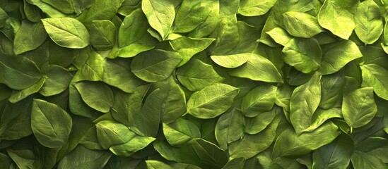 Lush green leaves background with varying shades of vibrant green, densely packed in a horizontal layout creating a natural texture and depth.