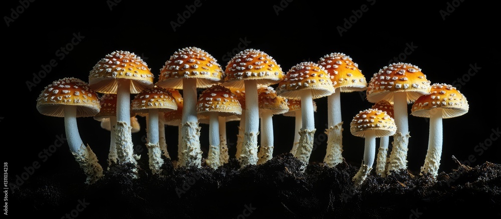 Poster Vibrant orange and white mushrooms clustered on dark soil with a black background creating a striking contrast and emphasizing toxicity in nature.