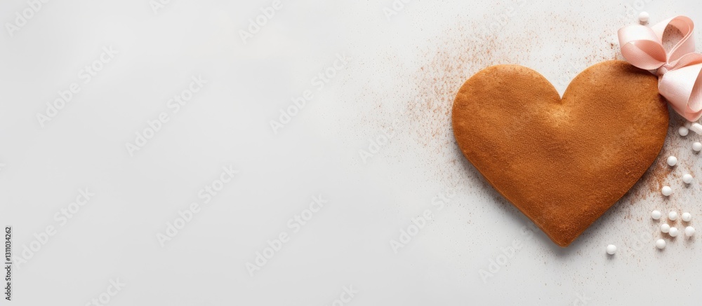Poster heart-shaped gingerbread cookie on light grey background adorned with pink ribbon and sprinkles perf