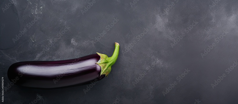Poster Fresh purple eggplant positioned on a dark textured surface with a subtle gradient from top left to bottom right creating contrast and focus.
