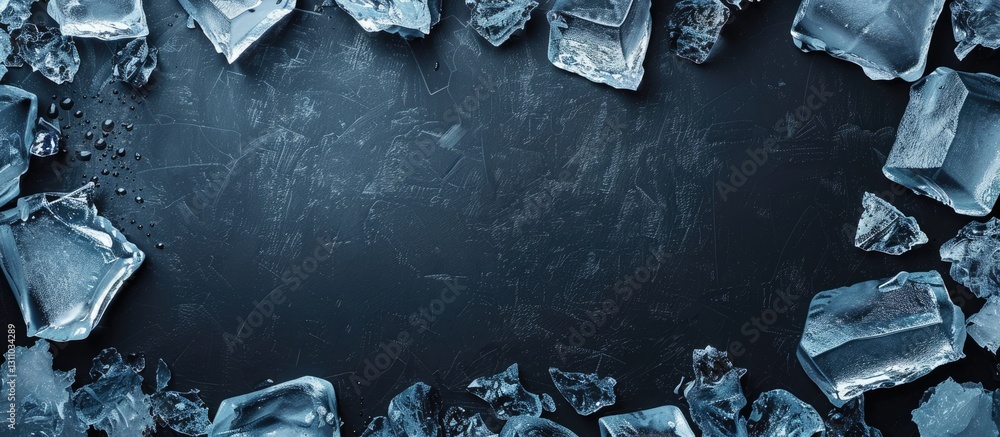 Aufkleber Top view of scattered ice cubes on a dark textured surface with negative space in the center ideal for text overlay or product display.