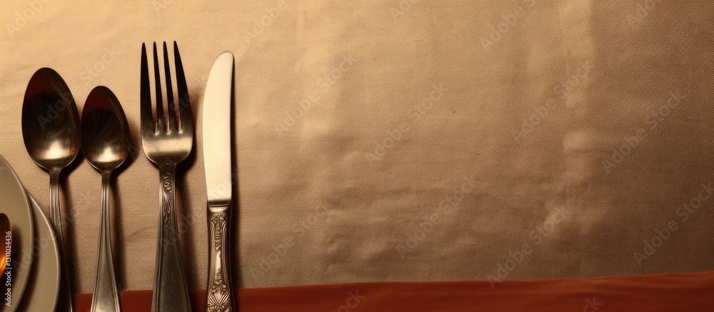 Poster Elegant dining utensils including forks, knives, and spoons neatly arranged on a dark table with soft beige background and ample copy space.