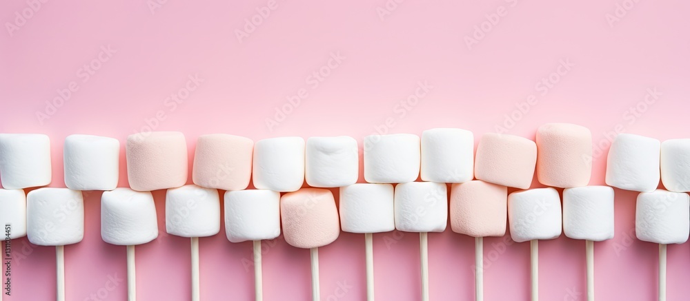 Poster marshmallow skewers in alternating pink and white colors arranged horizontally against a soft pink b