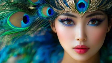 75.A close-up shot of a beautiful Asian woman with elaborate peacock-inspired makeup, featuring bright, detailed feather patterns around her eyes and face, blending vivid hues of blue, green, and
