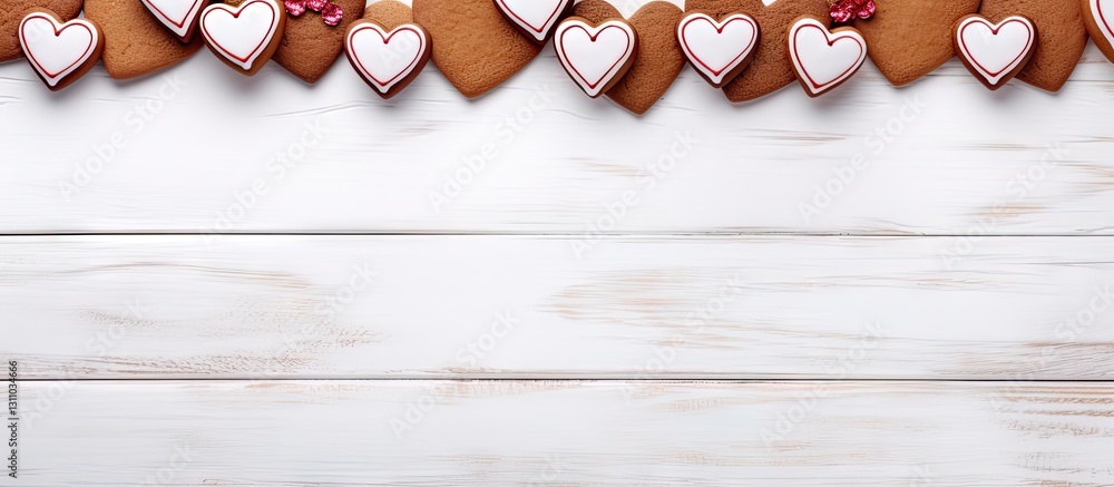 Poster heart-shaped gingerbread cookies with white icing arranged on a white wooden background creating a f