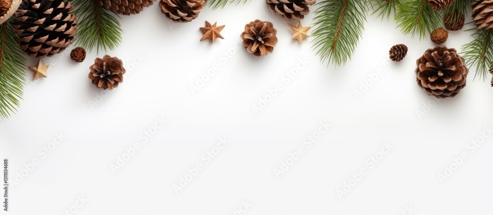 Poster top view of a minimalist christmas layout featuring pine cones and green fir branches on a clean whi