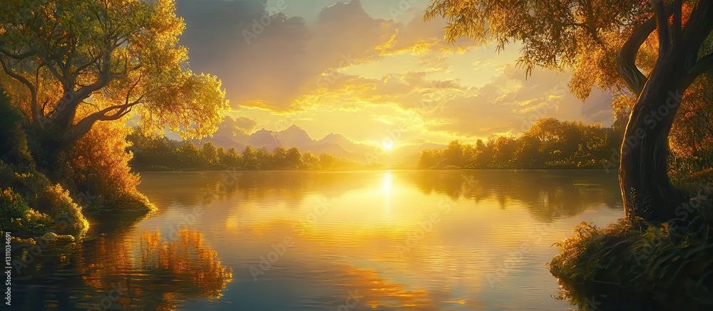 Aufkleber tranquil lake scene at golden hour with warm golden light reflecting on calm water creating a serene