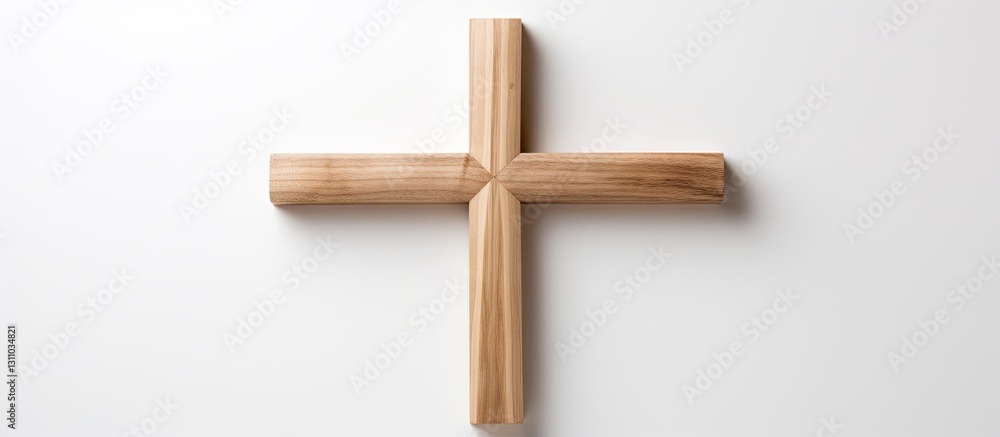 Poster Wooden cross positioned centrally on a bright white background with ample copy space surrounding the cross for text or design elements.