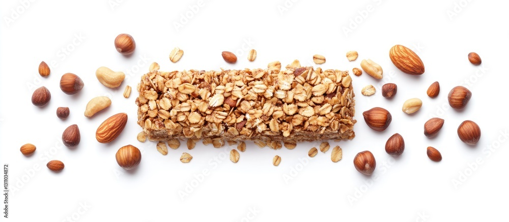 Poster granola energy bar centered on white background surrounded by an assortment of whole nuts in shades 