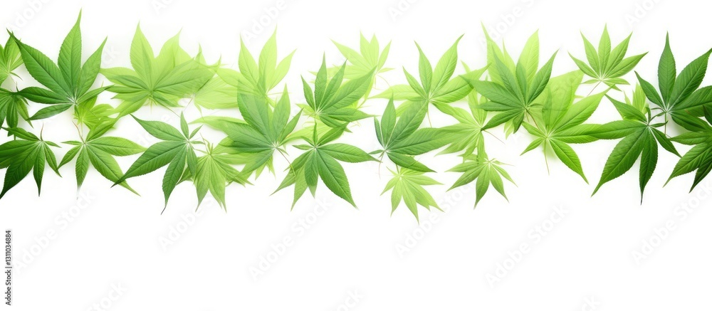 Fototapete Lush green leaves elegantly arranged in a horizontal line with a light background, creating ample negative space for text or images.