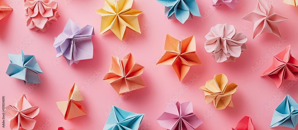 Poster handmade origami flowers in pastel colors arranged artistically on a soft pink background creating a