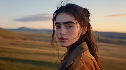 Fototapeta premium Natural and elegant: The soft glow of the setting sun shines on the model, adding a golden glow to her image