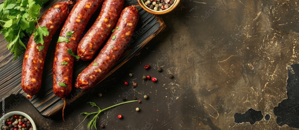 Poster Top down view of several sujuk sausages on a rustic wooden board surrounded by fresh herbs and assorted peppercorns on a dark textured background