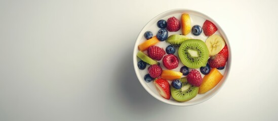 Colorful fruit and yogurt bowl featuring kiwi raspberries blueberries strawberries and banana arranged beautifully on a light background.
