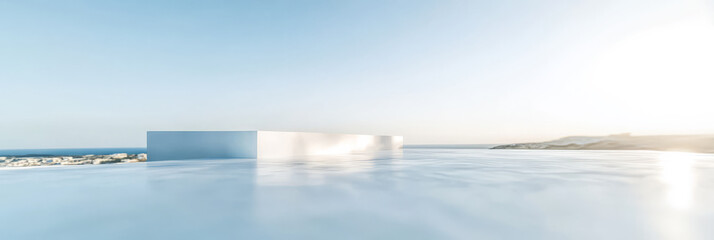 Modern architectural design with infinity pool overlooking ocean at sunset in tranquil location