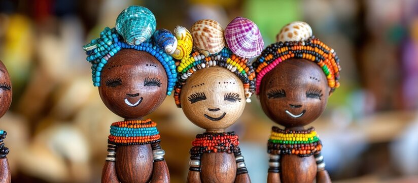 Colorful handmade African wooden dolls adorned with seashells and beads, displayed at a local Cape Town craft market, showcasing vibrant cultural artistry.